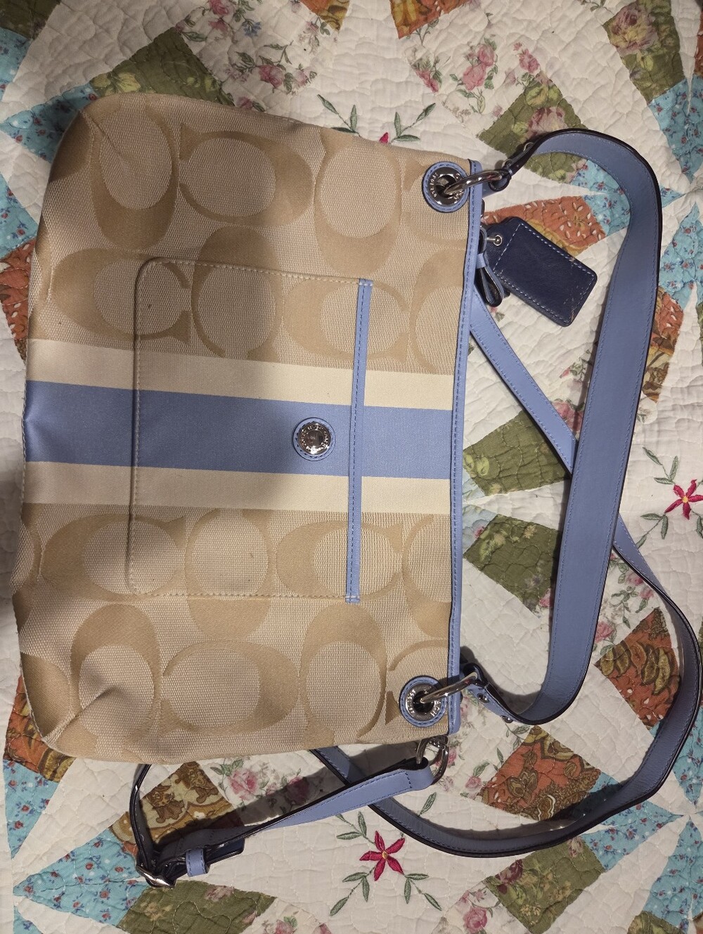Coach Signature Canvas Shoulder Bag in Beige and Light Blue